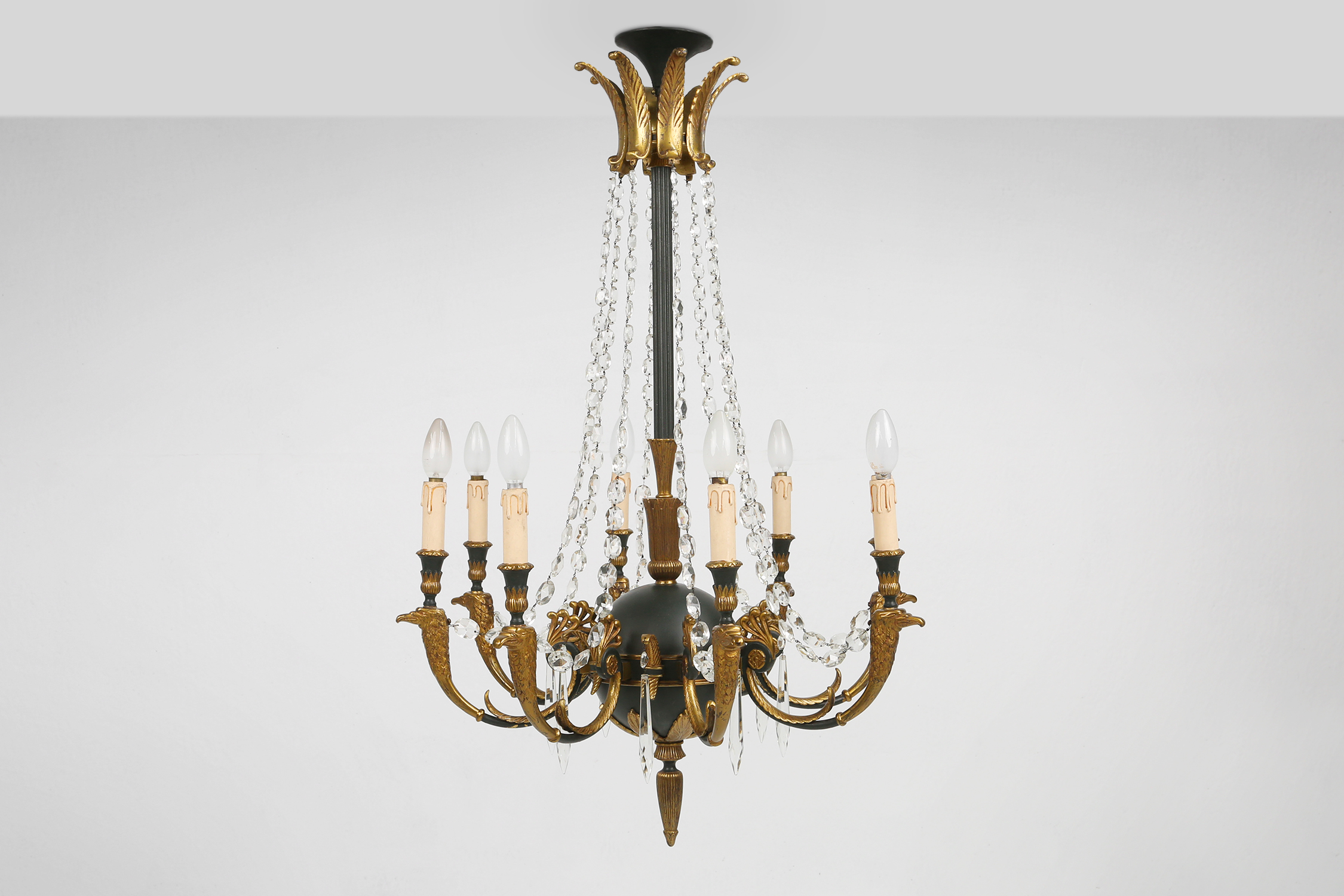 Impressive set of a large bronze Empire Chandelier with 2 wall lights, Belgium ca. 1950thumbnail